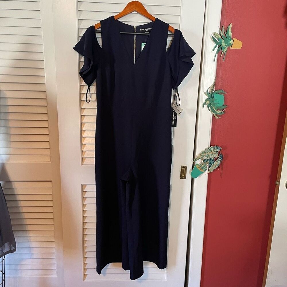 KARL LAGERFELD | melia cold shoulder midi jumpsuit in navy 8 NWT - Picture 3 of 12